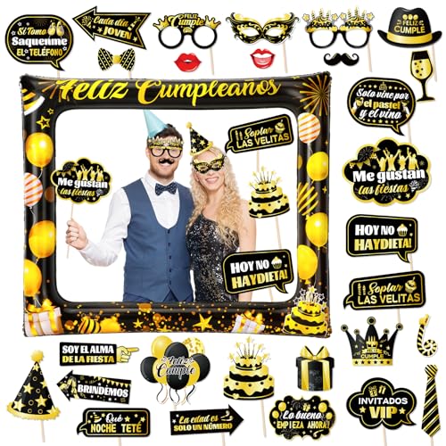 HOWAF Photocall Feliz Cumpleaños Español 28Pcs Accesorios Foto