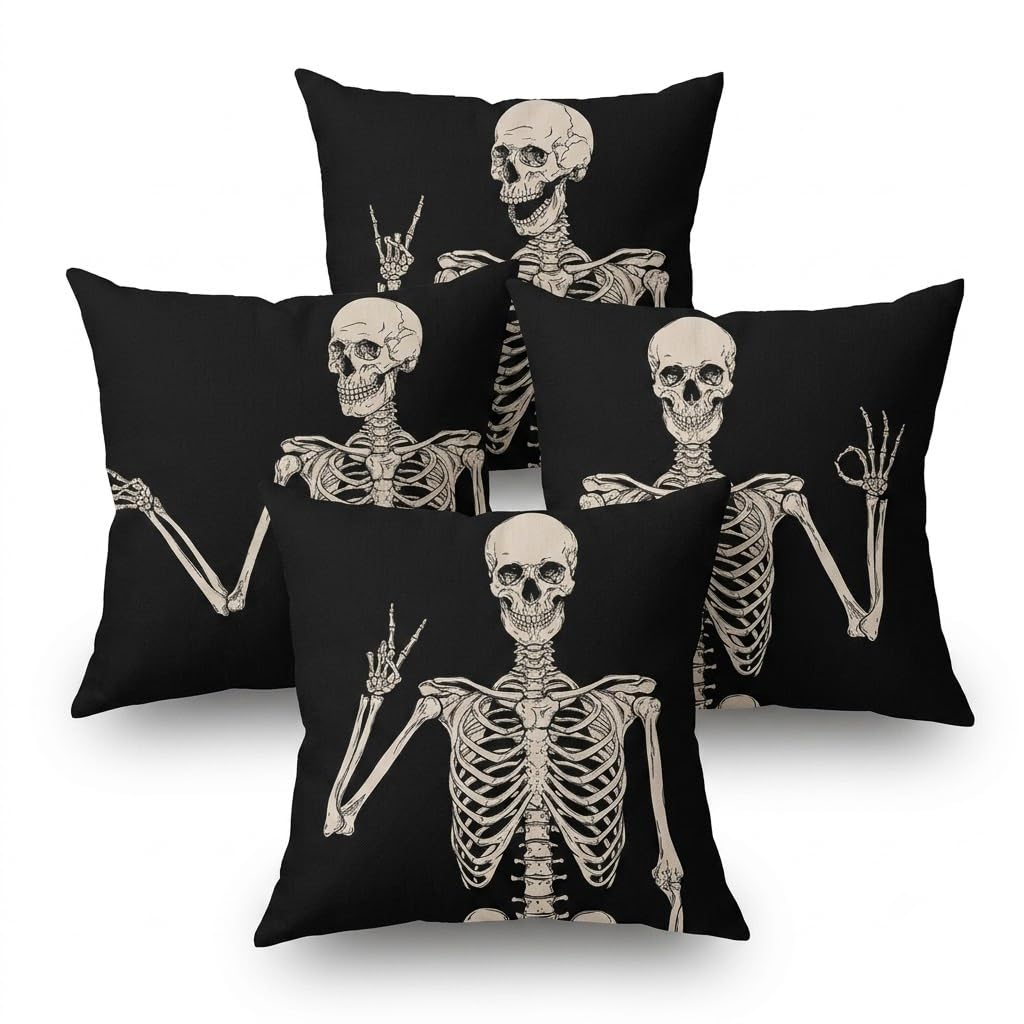 Prk 14 Black Cushion Covers 4 Pcs Halloween Skeleton Bones Gothic Pillow Throws For Livingroom Bedroom Couples Sofa Horror Scary Pillowcase Set 45 X 45Cm