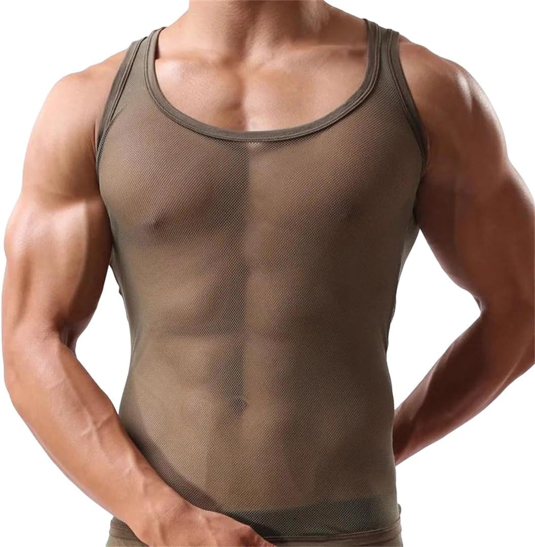 Men Tank Tops Mesh Hollow Sleeveless Breathable Slim Fit Gym Vest