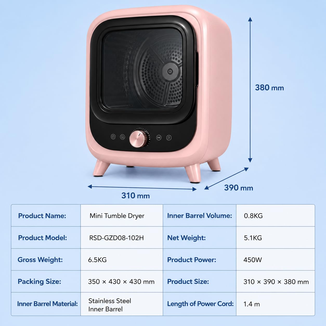 Mini 0.8 kg belüfteter Wäschetrockner, 450 W, 4 Programme, Pink | Edelstahltrommel, 35 dB Betrieb, Heiß- und Kalttrocknung, Timer-Steuerung und transparente Frontladertür