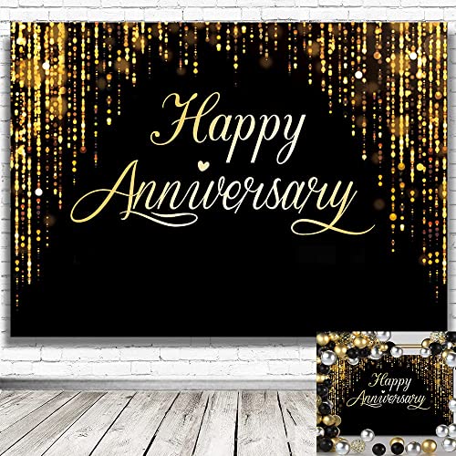 Image of Happy Anniversary Backdrop Party Decorations, Black Gold Glitter Bokeh Dots Wedding Anniversary Party Photo Background Cake Table Banner Extra Large Wall Decor Props 6 * 4ft Valentine's Day