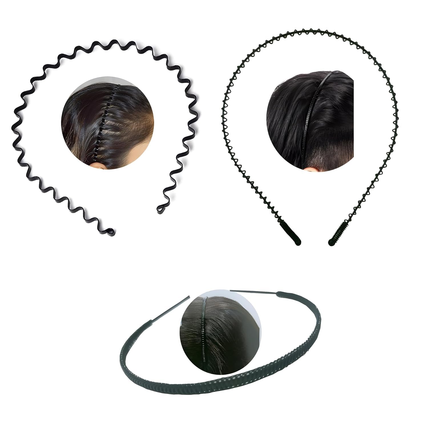 brenzafab 3 Pcs Black Flexible Metal Wavy, Spring And Chain Simple Hair Band Hair Hoop Hairband Daily Use For Unisex Men Women-picture-13