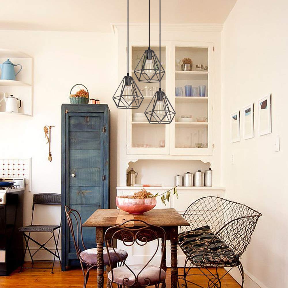 iDEGU Lampada a Sospensione Industriale, Retrò Lampadario 3 Luci Vintage E27 Lampadario a Sospensione Stile Gabbia Geometrica Lampada da Soffitto, Ø 20cm, Nero