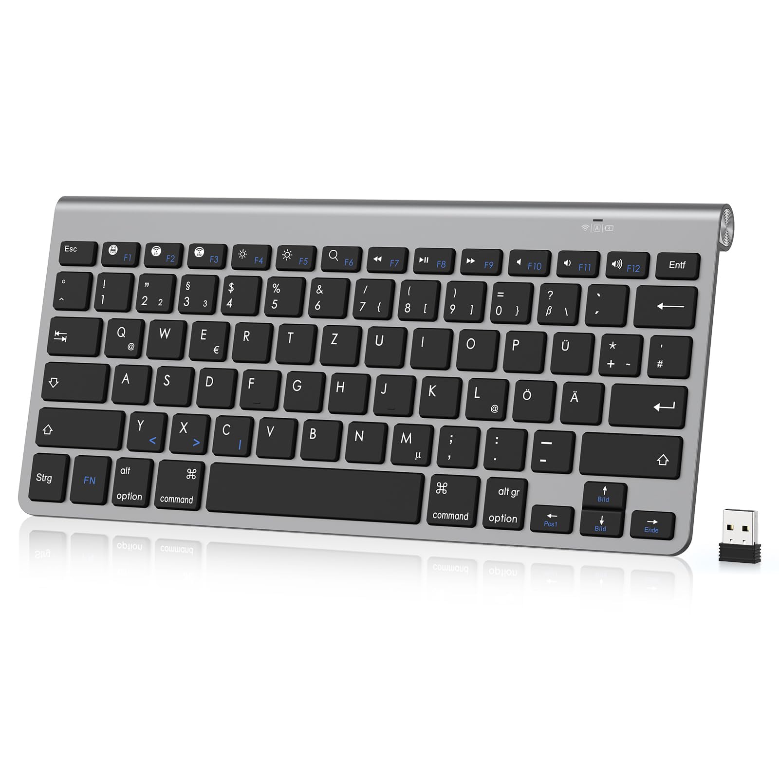 PINKCAT Bluetooth Tastatur Kabellos (BT5.1+2.4G), Deutsches QWERTZ Layout Kompakte Ultra Slim Scherentastatur mit Multimedia-Tasten, Funk Tastatur, Kompatibel mit Windows/macOS/iOS/Android