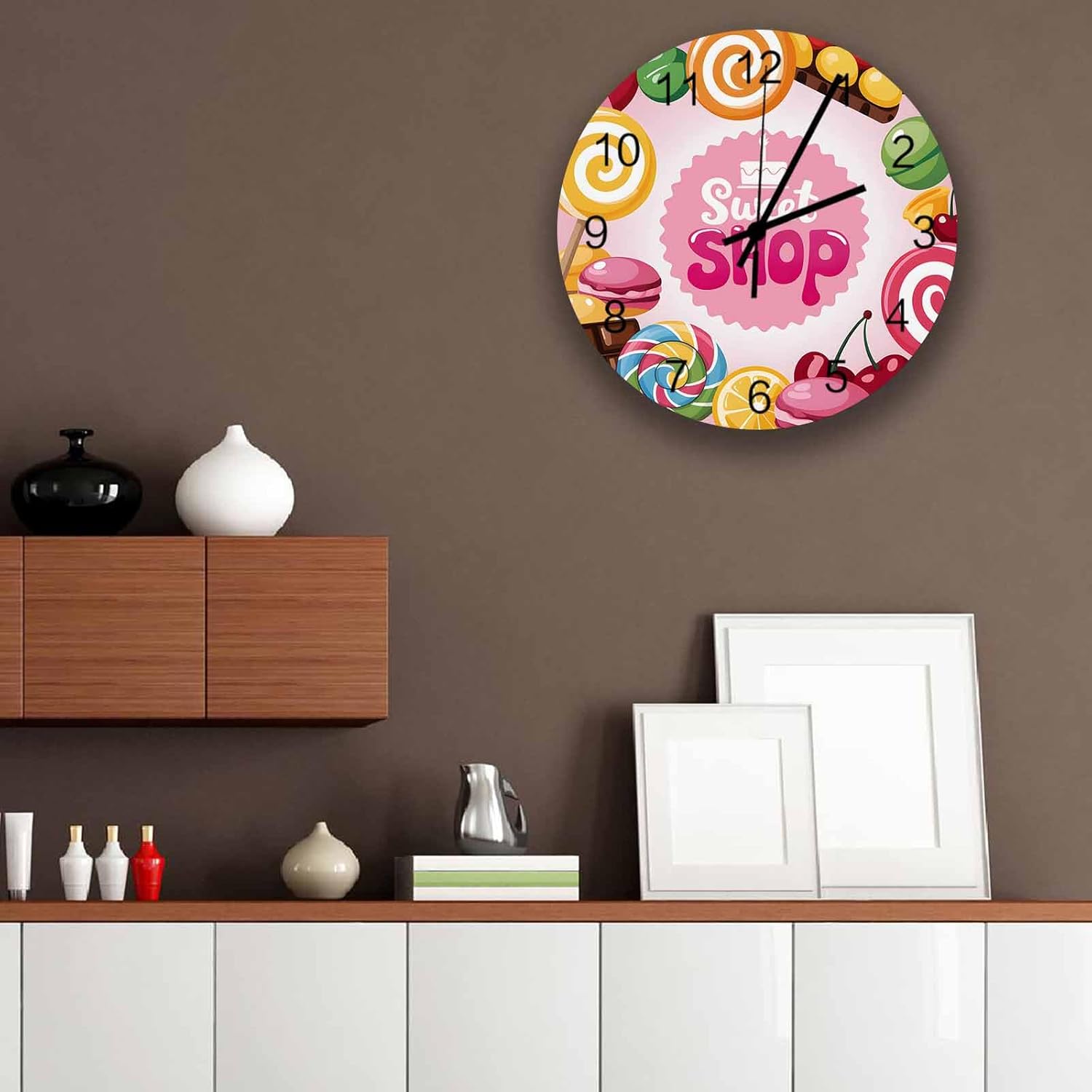 Home Decor 12 Inch Round Wooden Clock, Cartoon Sweet Shop Pink Candy Cake Lollipop Silent Non-Ticking Arabic Numeral, Battery Operated Clock Wall Decor for Living Room, Kitchen, Bedroom, or Office