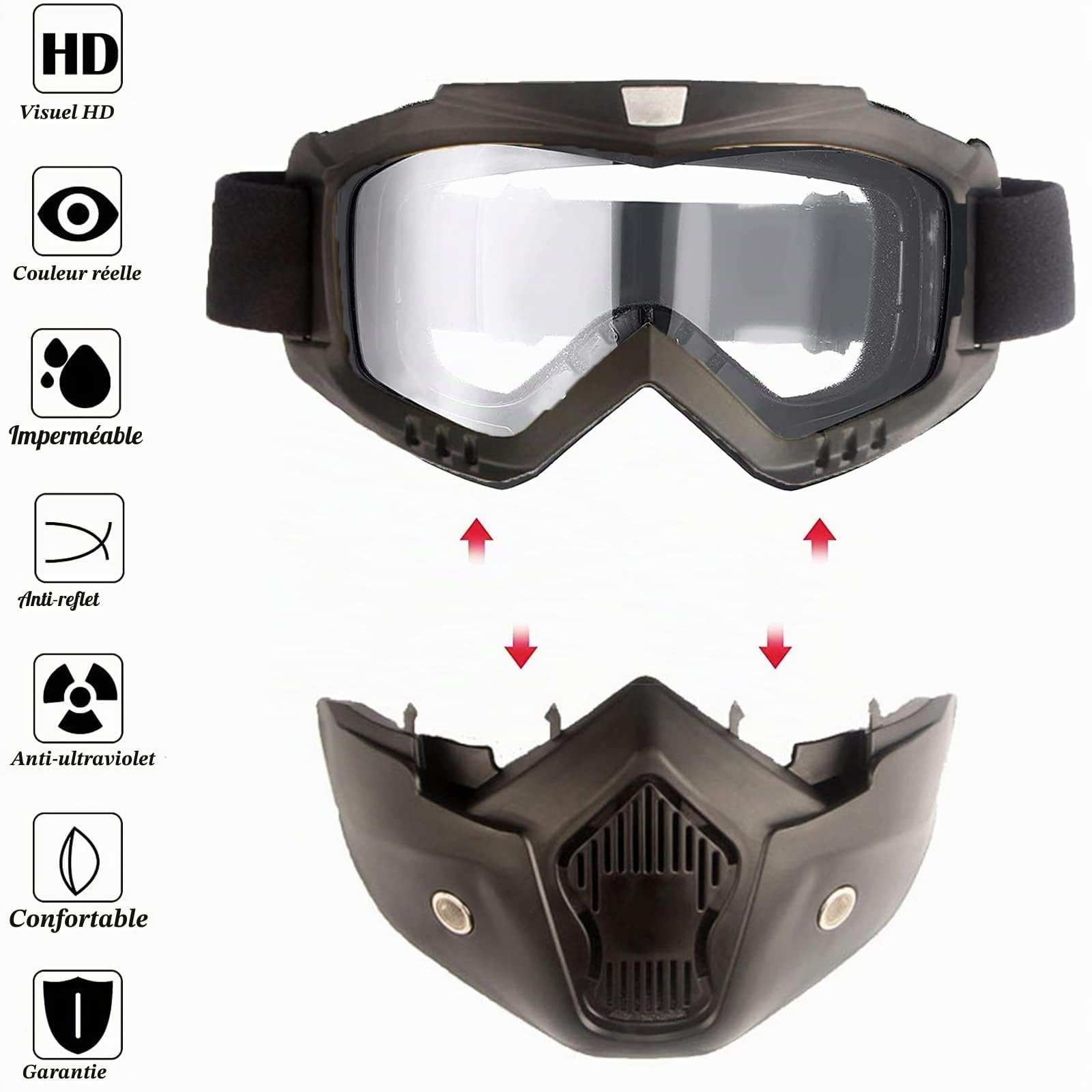 Lunettes de protection moto - Protection contre la poussière - Lunettes amovibles - Motocross - Masque facial amovible - Style Harley - Casque résistant au brouillard