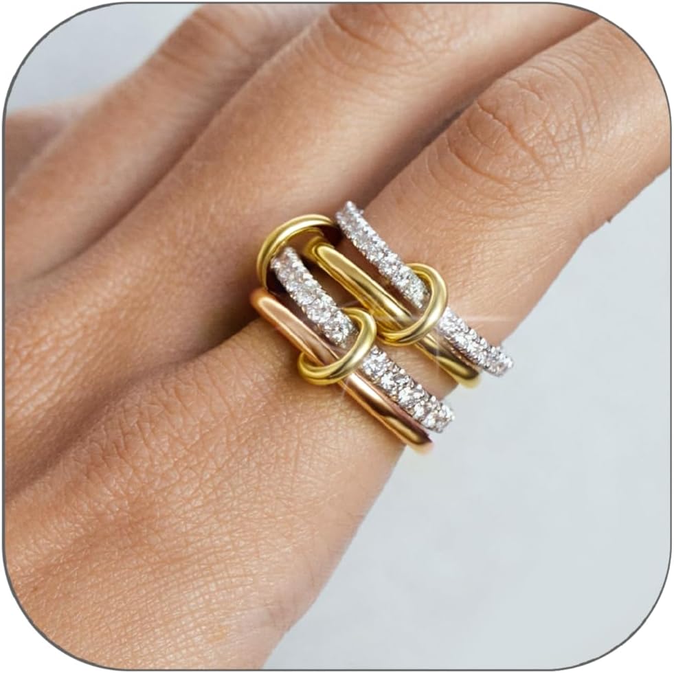 Stackable Rings for Women Non Tarnish,Dainty 18k Gold Plated CZ Cubic Zirconia Rings,Silver and Gold Rings Set,Multi-Link Connected Rings