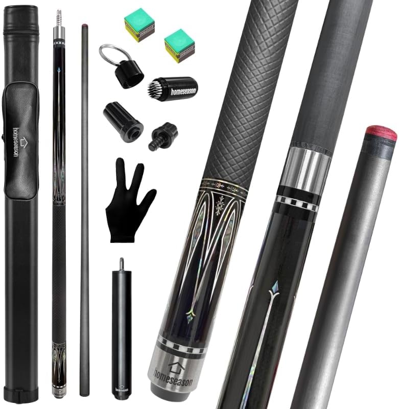58" Carbon Fiber Pool Cue Stick with Screw-in Extension and Leather Case,21oz Low Deflection Cue Stick, 3 * 8/8Joint Pin, Billiard Cue Sticks Set（Black
