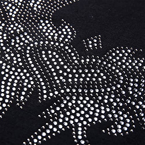 Discount Items Long Sleeve Tops For Women Rhinestone Printing Blouses Loose V Neck Sparkling Off The Shoulder Cut Out T Shirts Black #TOP4