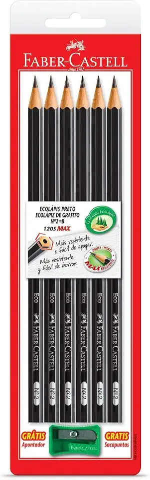 Lapis Preto Sextavado 1205 Max N.2b C/ Apontador - Blister com 06, Faber-Castell, SM/1205SAP, Grafite