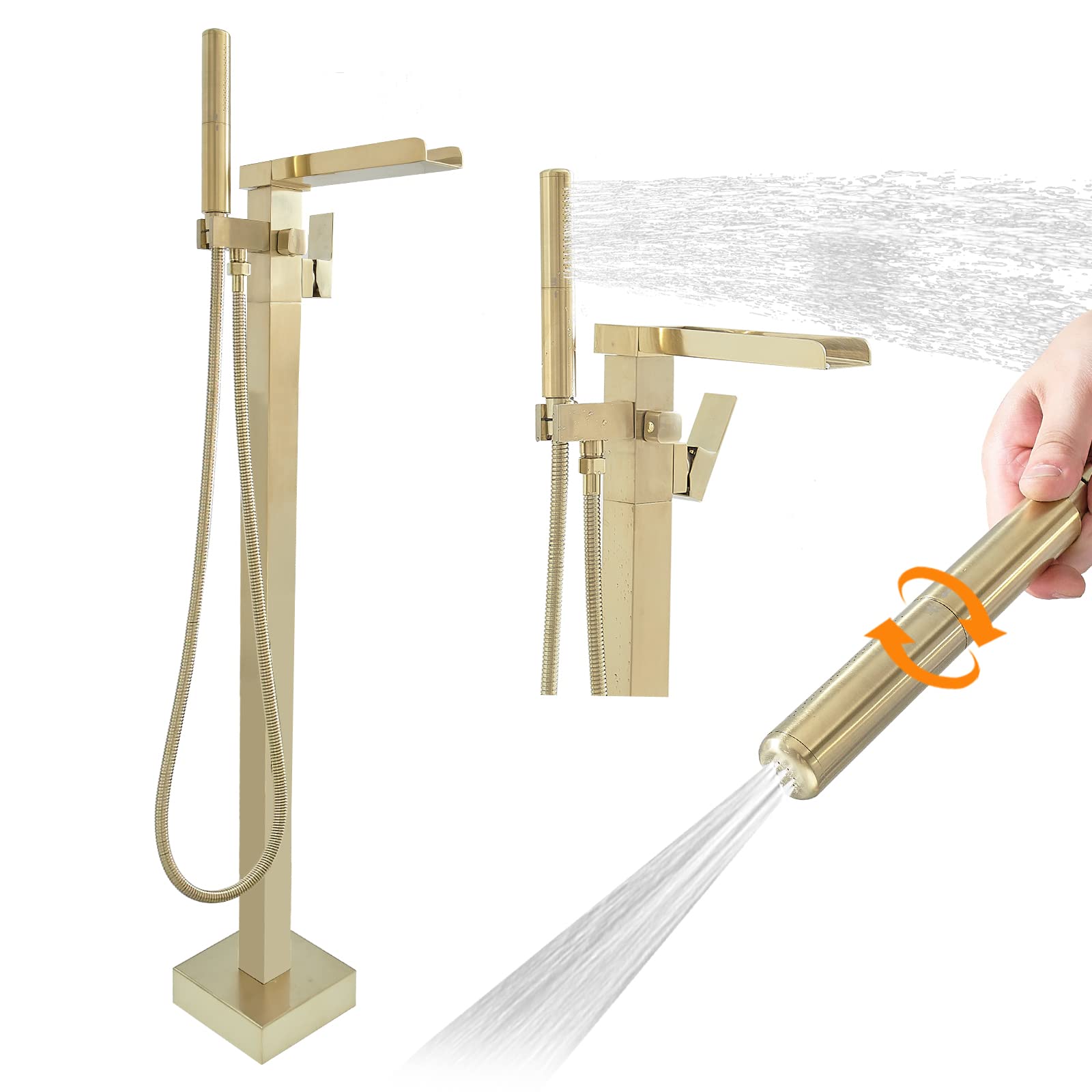 BESy Freestanding Bathtub Faucet Waterfall Tub Filler Brushed Gold