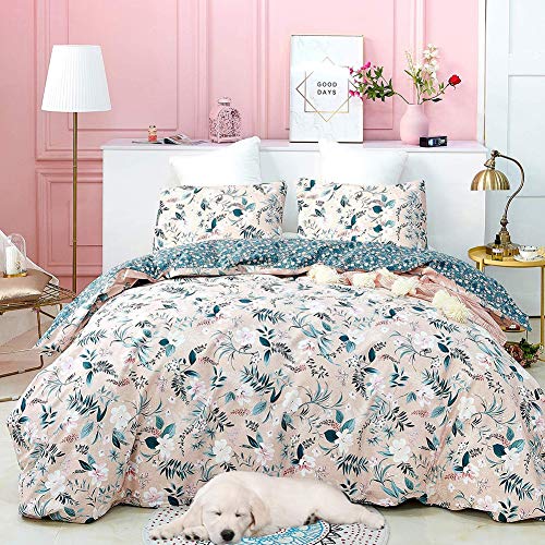 Cottonight Floral King Duvet Cover Pink Flower Cotton Bedding Set Navy Boho 3PC Duvet Cover Set Reversible Printed Bedding with Zipper Closure Ties