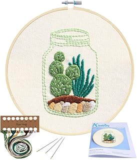 Full Range of Embroidery Starter Kit with Pattern, Cross Stitch Kit Including Embroidery Fabric with Cactus Pattern, Bamboo Embroidery Hoop, Color Threads and Tools Kit (Cactus)