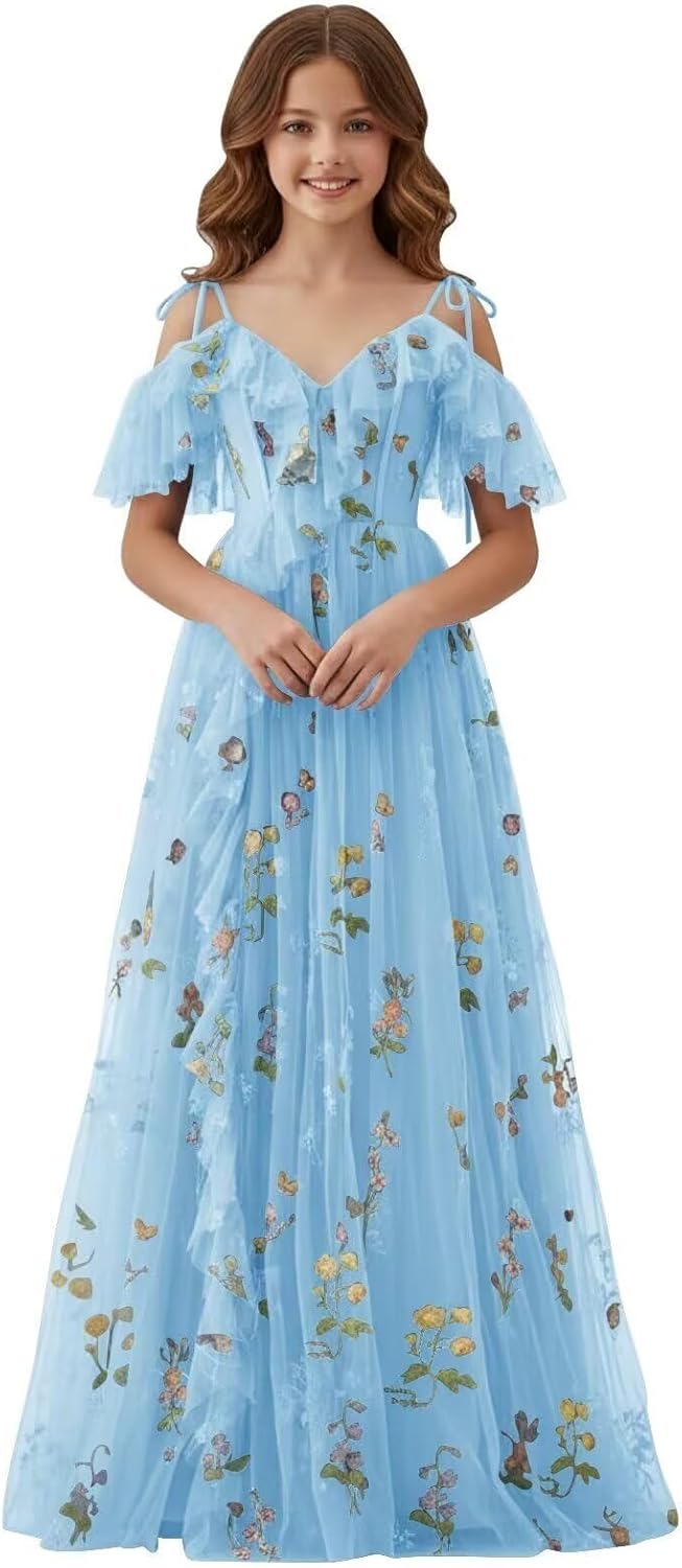 Bedlover Flower Embroidery Tulle Junior Bridesmaid Dresses Long Slit Spaghetti Straps Fairy Formal Gowns