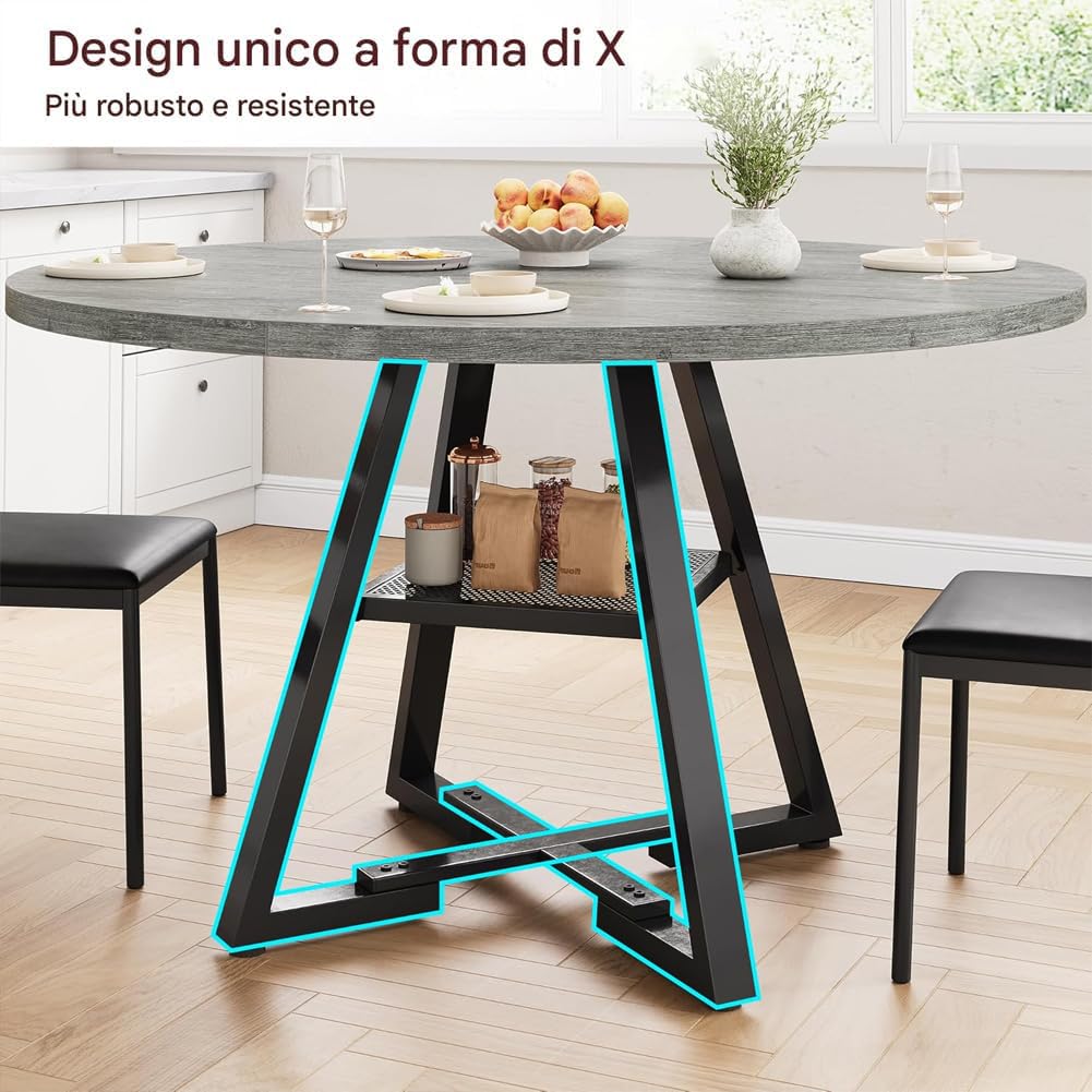 Shally Dogan Tavolo Rotondo per Sala da Pranzo e Cucina Diametro 120cm, Gambe in Metallo con Ripiano Portaoggetti Inferiore e Piano in Legno, Ideale per Casa e Ufficio, Grigio