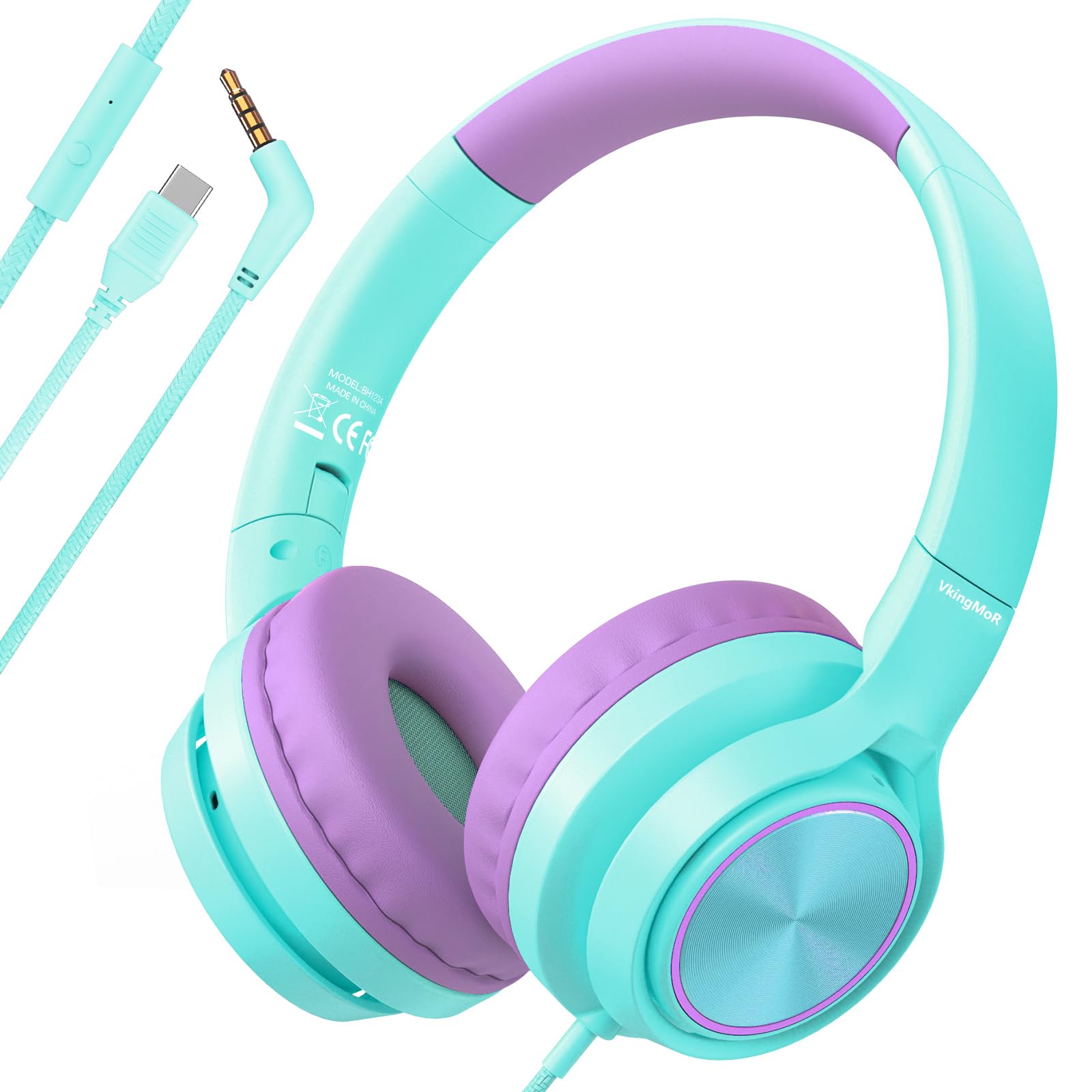 VkingMoR Kids Headphones for School Travel, Upgrade USB Type C Safe Volume 94dB, with Mic HD Stereo Sound Foldable On-Ear Headphones for Boys/Girls/Students/Tablet/Travel-Green