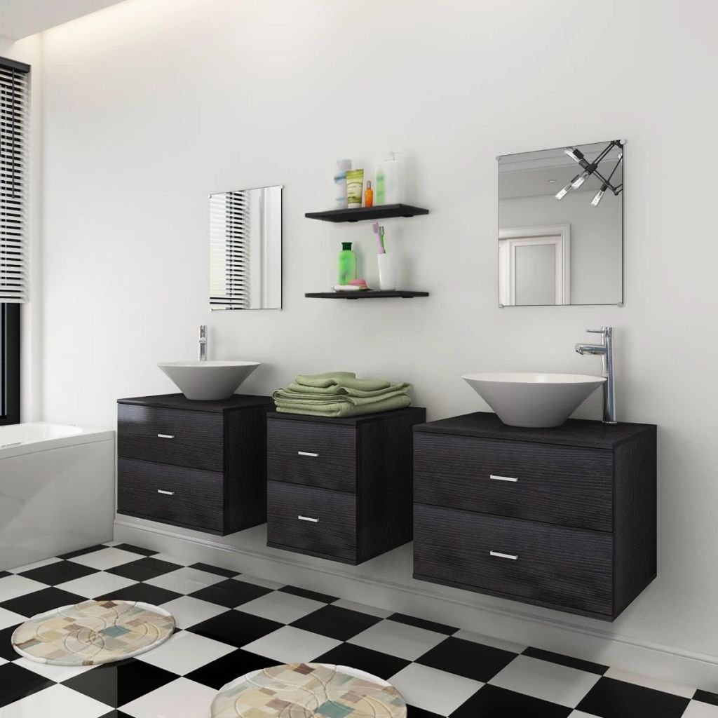 IKAYAA Conjunto 7 Piezas de Muebles de Baño Suspendido, Lavabo Incluido, Mueble de Lavabo Doble, Juego de Muebles de Baño de Pared, Mueble de Lavabo, Espejo, Mueble de Baño con 2 Lavabos, Negro