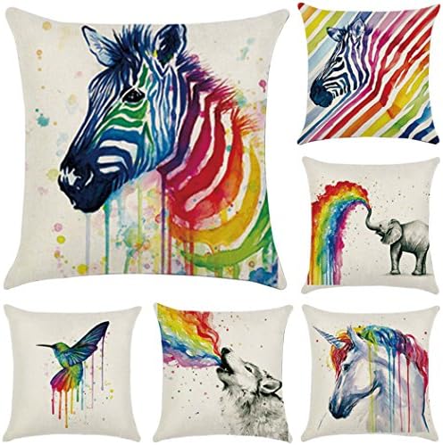 Polyester Throw Pillow Case Rainbow Animals Cushion Cover Home Office Decorative (Cover Only,No Insert)(18x18 inch/ 45x45cm,6 Pack Rainbow Animals)