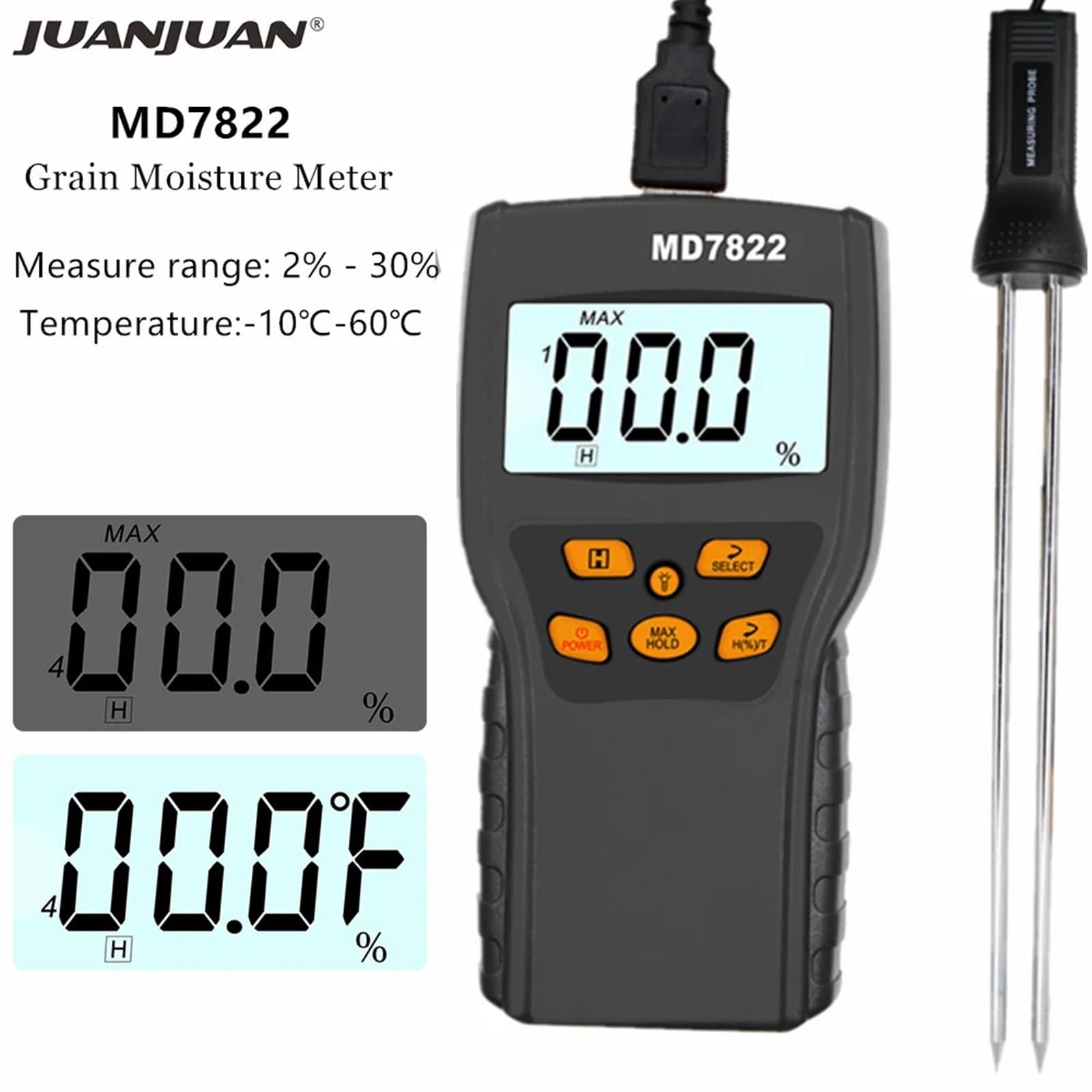 Misuratore di umidità digitale for cereali Sonda altamente sensibile Tester di umidità Display LCD Rilevatore di temperatura igrometro for mais e riso,Giardino,Prato,Interno,Uso esterno