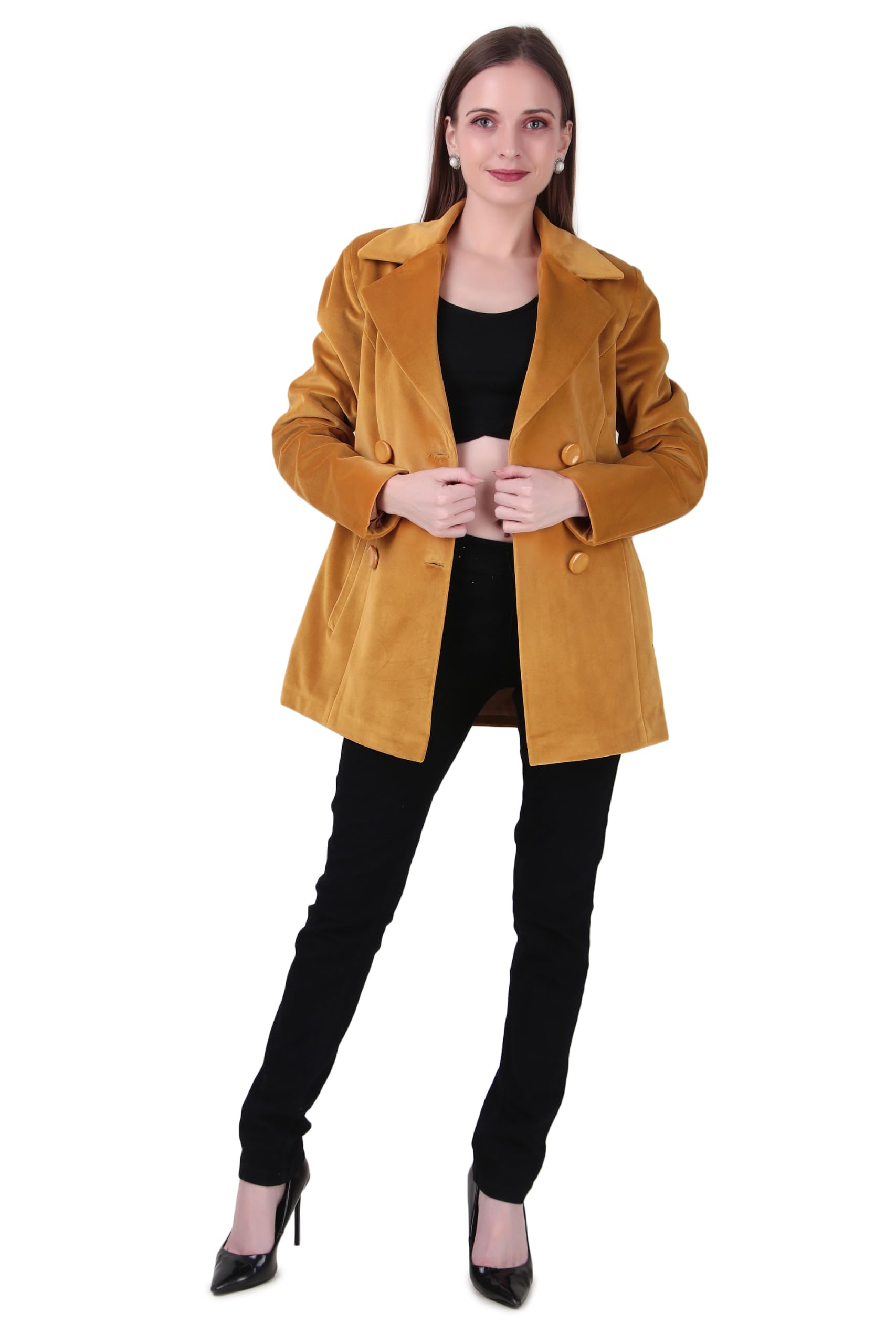 Women's Double Breasted Velvet Blazer Jacket, Mustard Yellow, Long Sleeve Office Blazer, Notch Lapel Collar Formal Winter Coat for Women (Pack of 1)-image-42