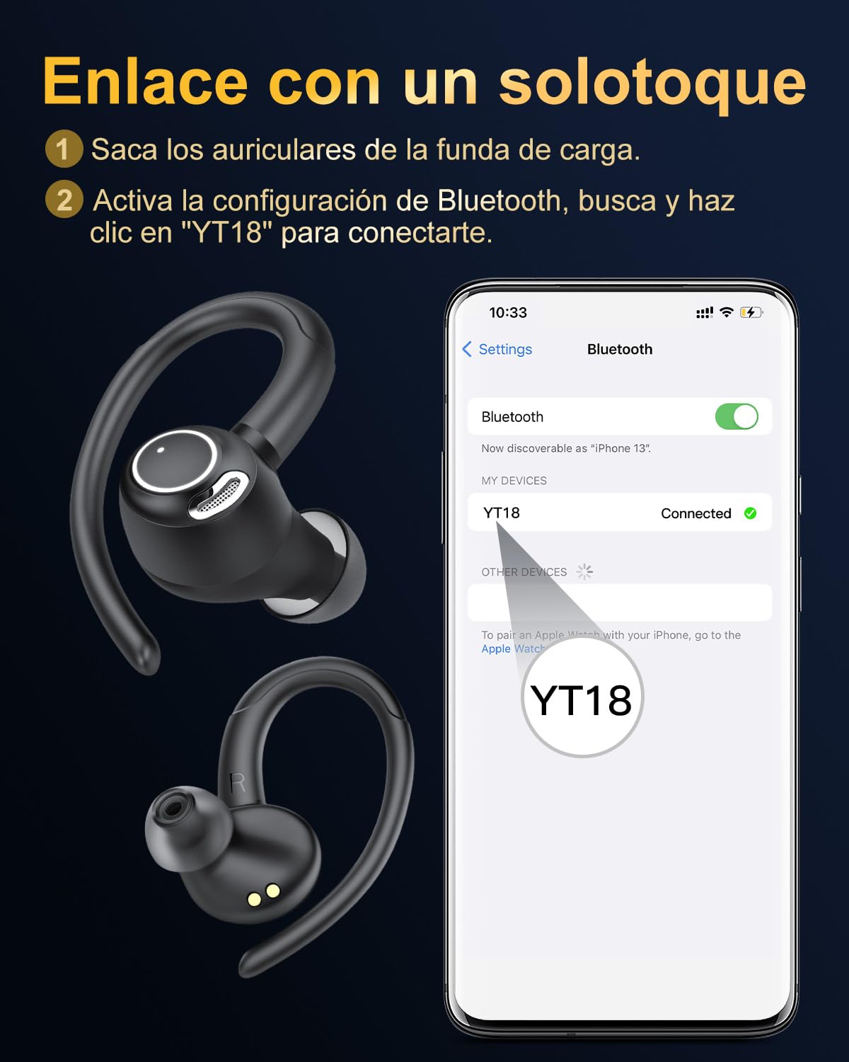Jesebang Auriculares Inalámbricos Deportivos, Auriculares Bluetooth 5.3 con HD Micrófono, Sonido Premium, 40H de Reproducción, Pantalla LED, Cómodos de Llevar, Cascos Inalambricos con Gancho, Negro