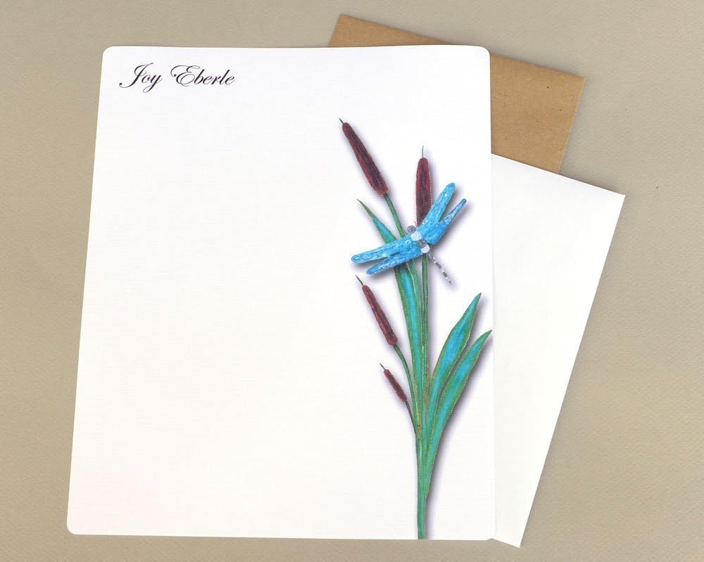 Dragonfly & Cattail Complete Personalized Custom Women's Monogram Writing Paper Stationery Set, Contemporary Monogrammed Stationary
