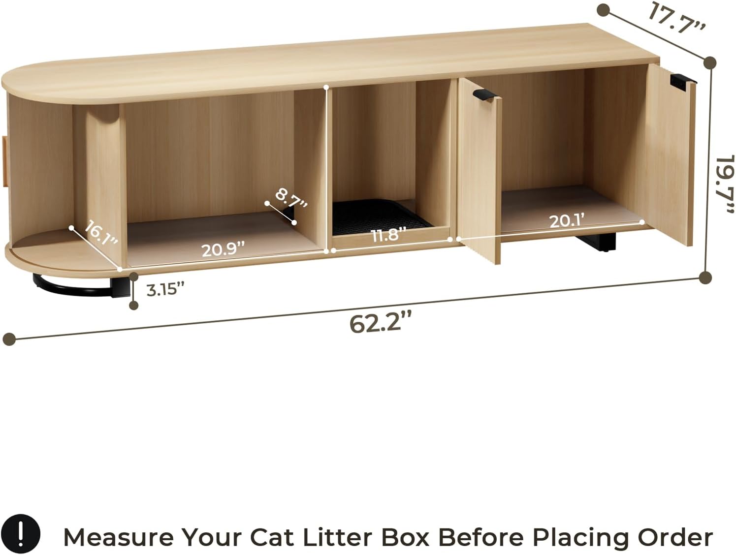 62'' Cat Litter Box Enclosure with Sliding Tambour Door, Fluted Litter Box Enclosure Furniture Hidden Litter Box with PVC Pad & Litter Collecting Pad for Cat House