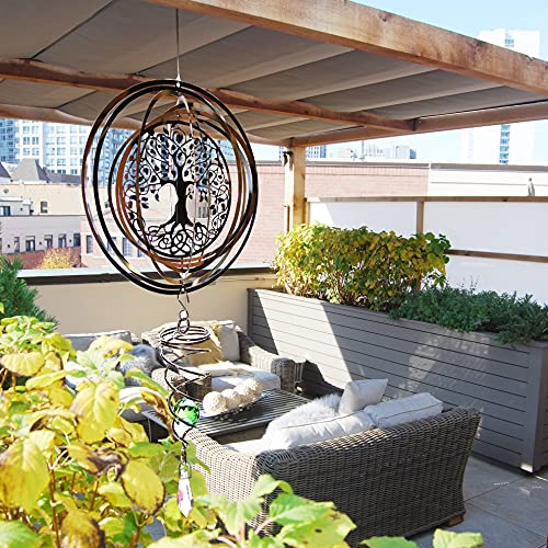 3D Garten Windspiel Edelstahl - Hängende Fenster Ornamente Mit Rotierender Gazing Ball Und Spiralschwanz (Baum des Lebens)