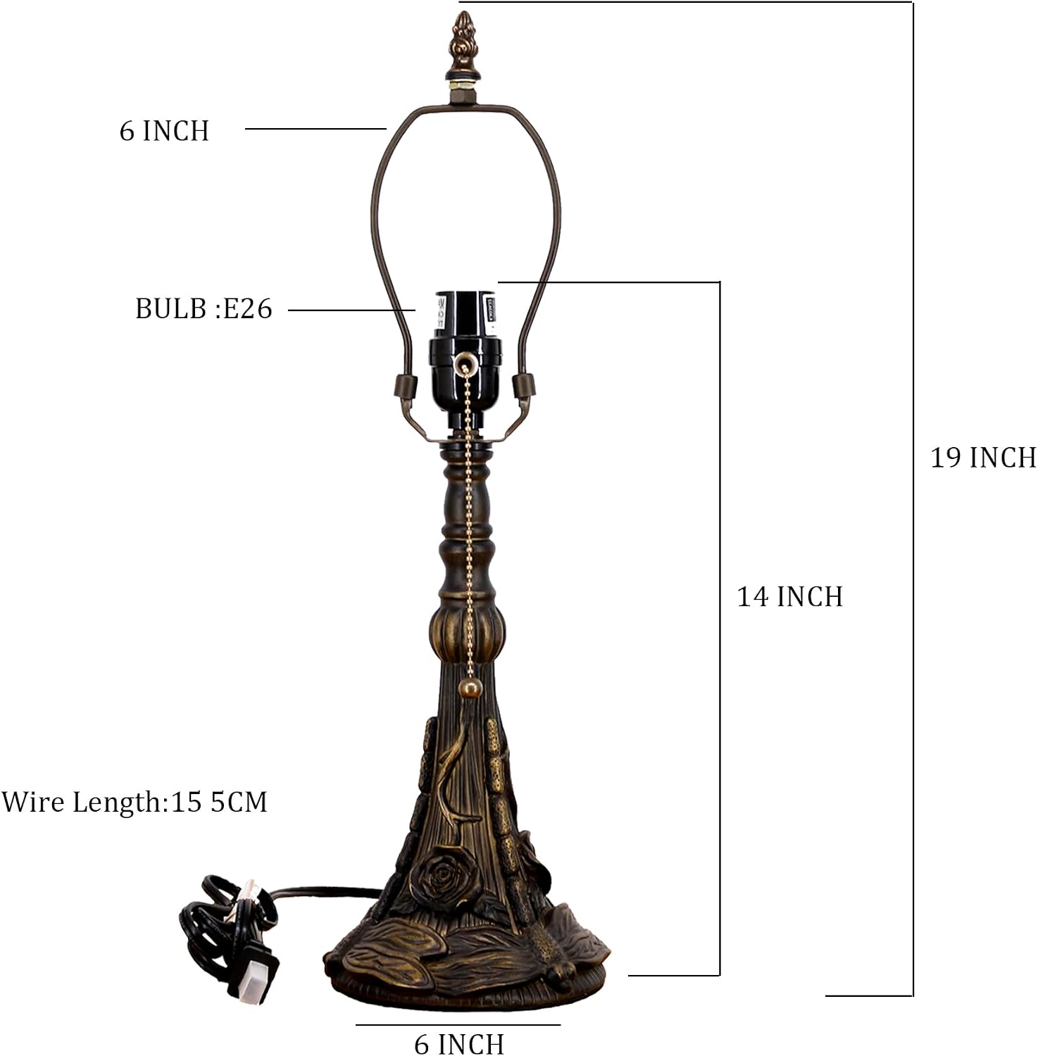 Table Lamp Base Replacement Only, Wide 6 Height 19 Inch, Fit for 8, 10, 12 Inch Tiffany Style Stained Glass Lampshade, Dark Bronze Finish,Resin, Push Switch On Cord(E (W6H19 Inch))