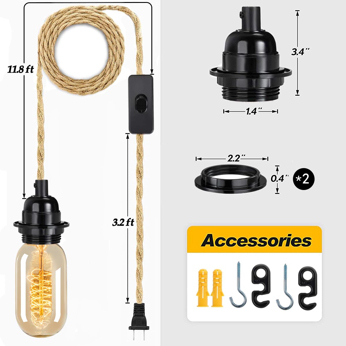 Linterna colgante de extensión envuelta en ratán, lámpara colgante enchufable con cordón de cáñamo, 15 pies, compatible con lámpara de tela vintage E26/E27, ideal para decoración de estilo 2