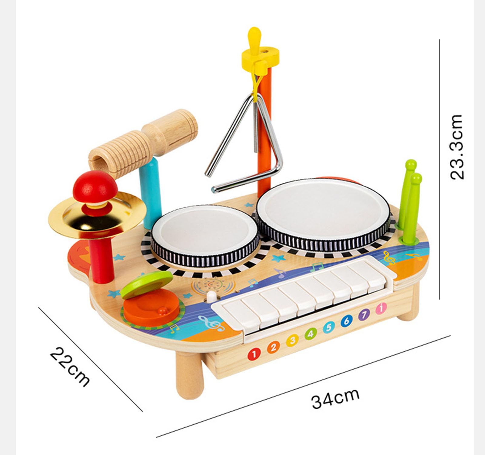 Drewniany stolik muzyczny Montessori, zestaw instrumentów perkusyjnych dla malucha z bębnem, pianinem i trójkątem