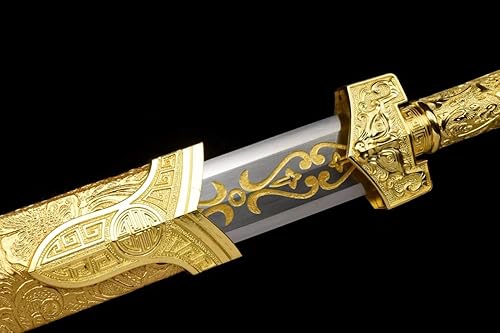 Miniatura 4 de Espada china, espadas Han Jian doradas reales (hoja de acero forjado de alto carbono, vaina de cuero falso, mango de aleación)
