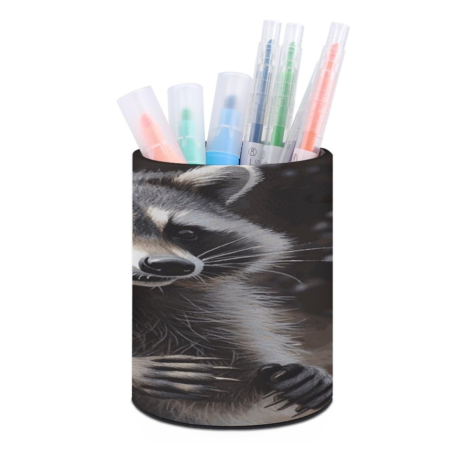 LDGSUPH Raccoon Round Pen Holder Leather Pen Cup Pencil Cup Pen Organizer Pencil Holder for Desk Organizer Pencil Organizers Makeup Brush Holders for Home Office Gift