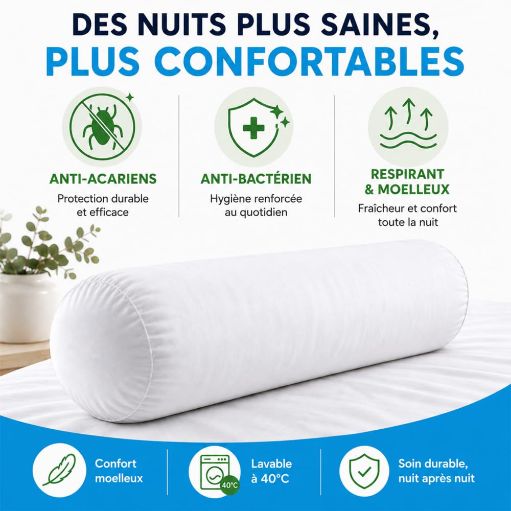 Alpes Blanc Traversin Anti-Acariens 180 cm – Enveloppe 100% Coton Respirant | Anti-bactérien & anti-moisissures • Garnissage & confort moelleux • Lavable à 40°C • Fabriqué en France