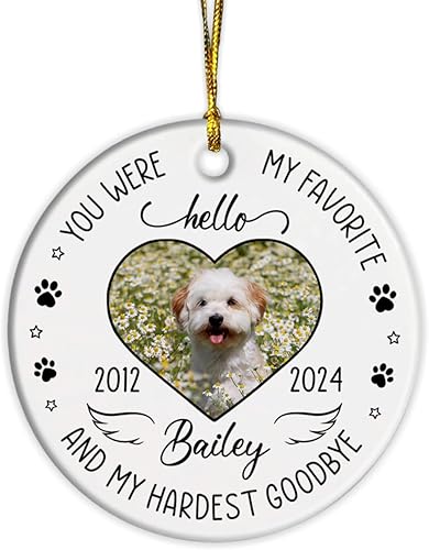 You were My Favorite Hello and My Hardest Goodbye, adorno de cerámica personalizado con foto de mascota y nombre, regalos conmemorativos para dueños