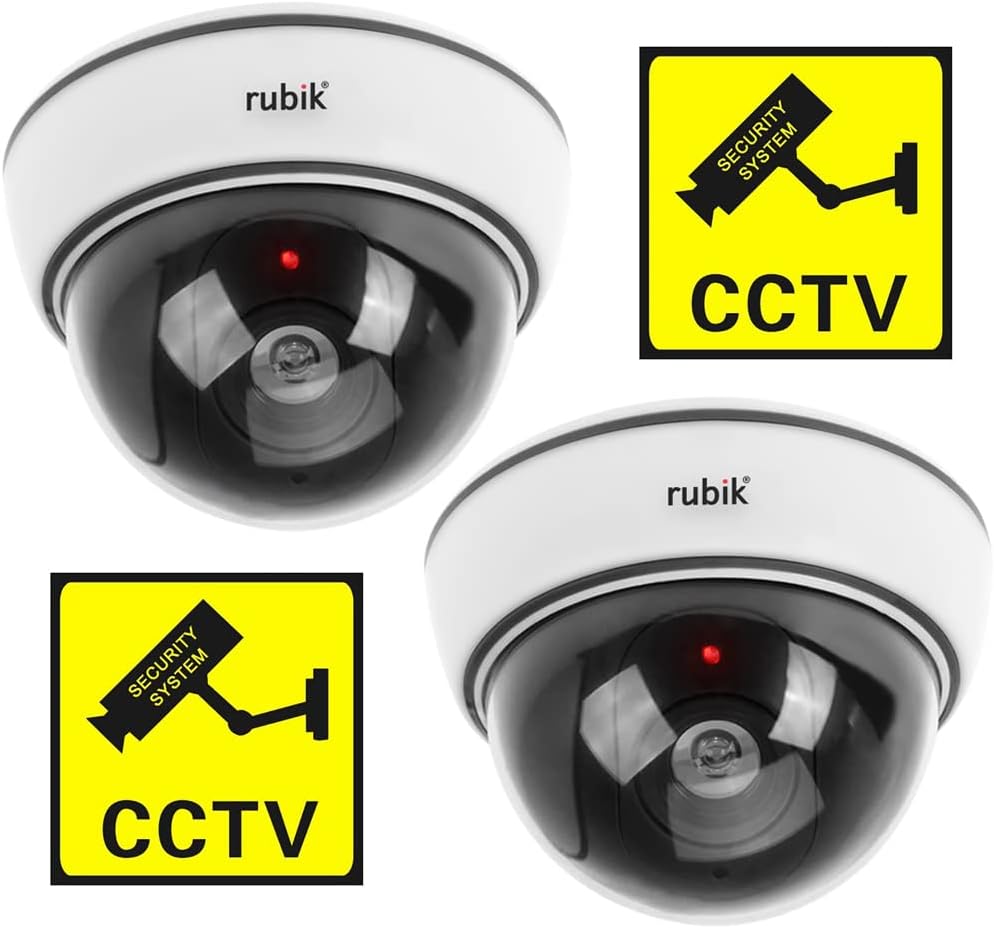 Rubik 2pc Dummy CCTV Camera with Flashing LED Light and CCTV Sticker Sign, Fake Surveillance Camera Security Indoor Dome Camera with LED Light (White)