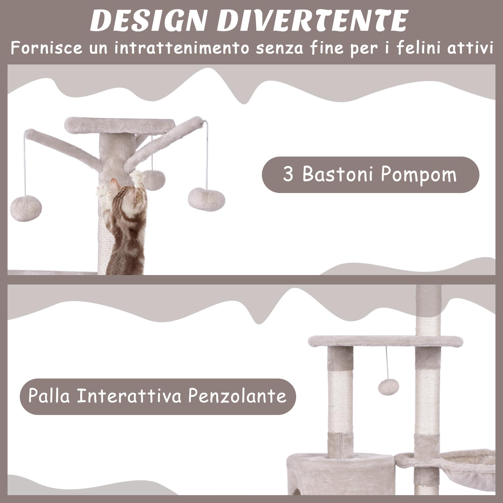 COSTWAY Tiragraffi per Gatti Alto 140 cm, Albero Tiragraffi Gatto con Tiragraffi in Sisal, Cesto, Piattaforma, Scala e Palline Pendenti, Torre Multi-Livello per Gatti da Interno