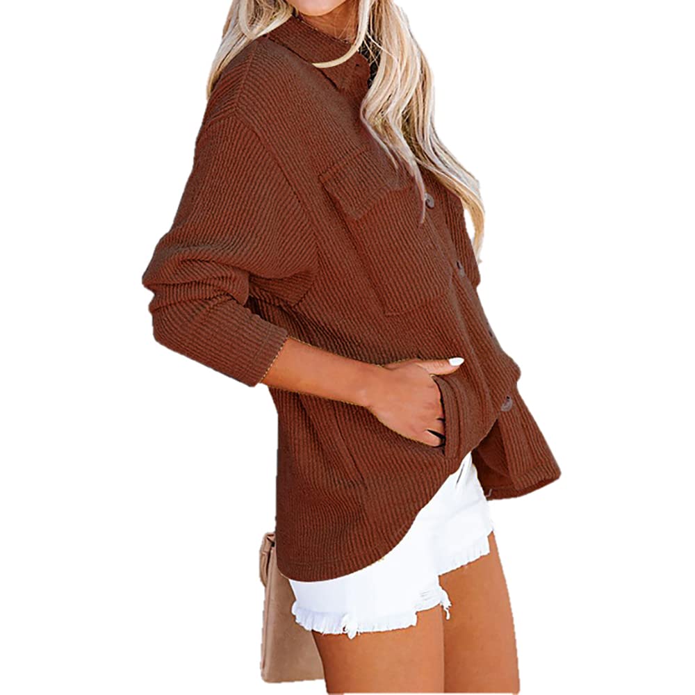 KCatsyWomens Corduroy Jacket Shacket Ribbed Solid Colour Plain Oversize Button Flap Pocket Plus Size Shirt Coat Overshirt