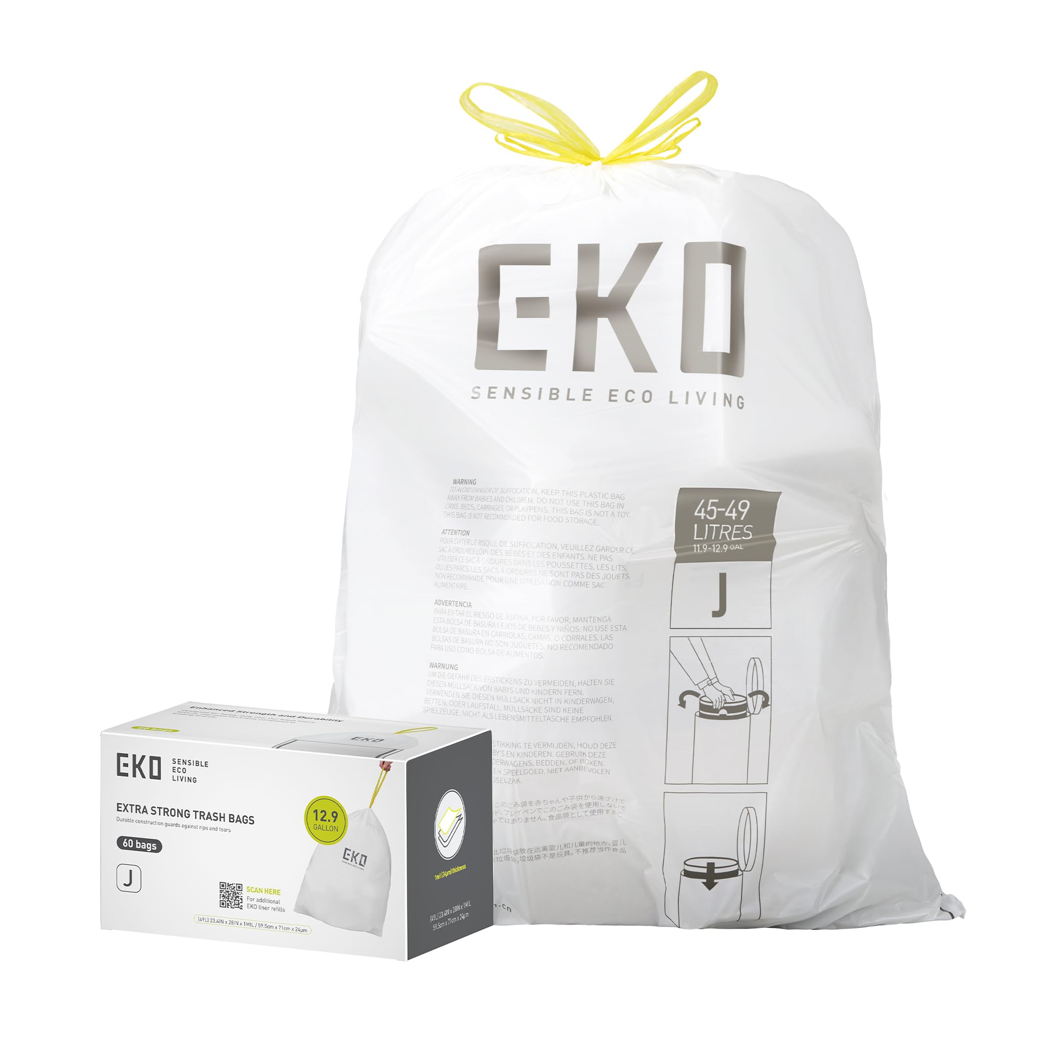 EKO Lot de 60 sacs poubelle de 45 à 49 litres avec cordon de serrage, extra forts et non parfumés, rouleau facile à distribuer pour la cuisine et la maison, résiste aux déchirures, aux fuites et aux