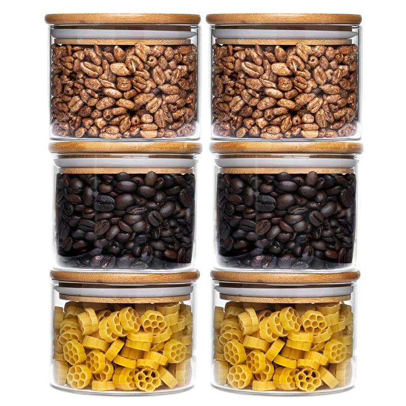 Image of Allo 300ML Kitchen Storage Box Glass Jars With Wooden Lids - Borosilicate Glass Food Storage Containers Airtight Glass Jar for Tea, Coffee, Spice, Pulses, Masala (Round Glass Jar - Set of 6)