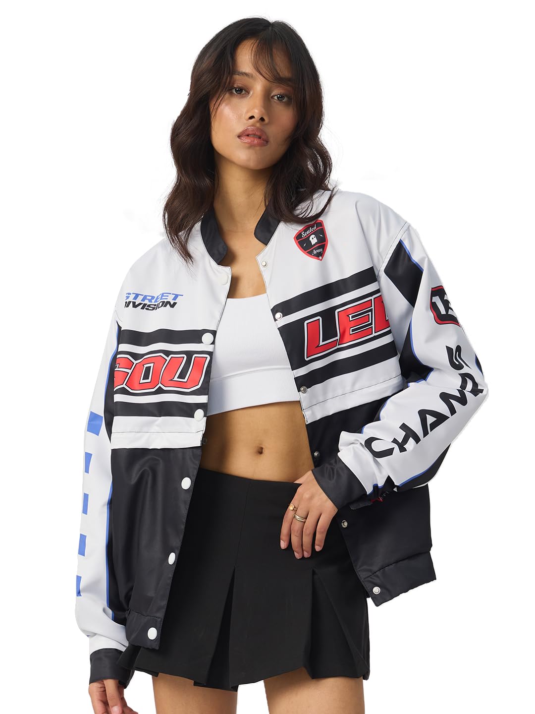 the souled store 2 in 1 Souled Champs Jacket Women and Girls Long Sleeves Band Neck White and Black Graphic Printed Polyester Oversized Varsity Jackets-picture-11