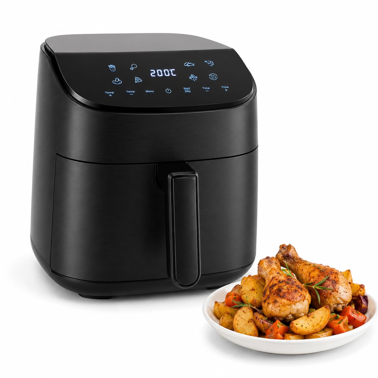 Iluminashop - Air Fryer Line Black Touch 6,5L, Freidora de Aire sin Aceite, 1600W, 8 Menús Digitales, Pantalla Táctil,Función Grill, Temporizador regulable, Temperatura 80-200°C, Fácil y Saludable