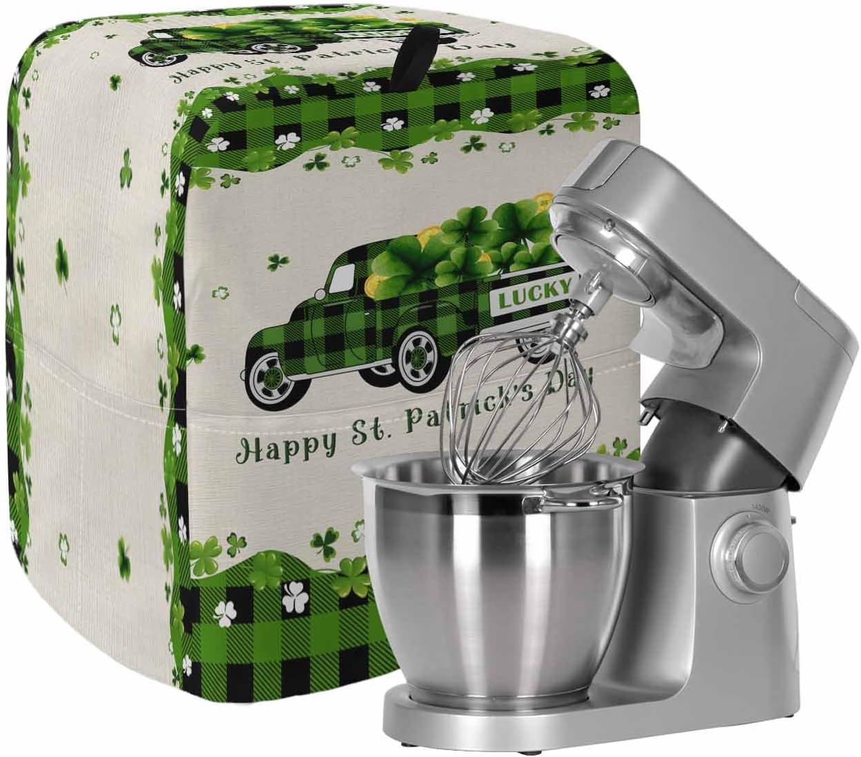St. Patrick's Day Stand Mixer Cover with Storage Pocket, Waterproof Kitchen Mixer Covers, Green Truck Shamrock Gold Coin Plaid Beige Kitchen Appliance Dust Cover Compatible with 5-8 Quart Mixers