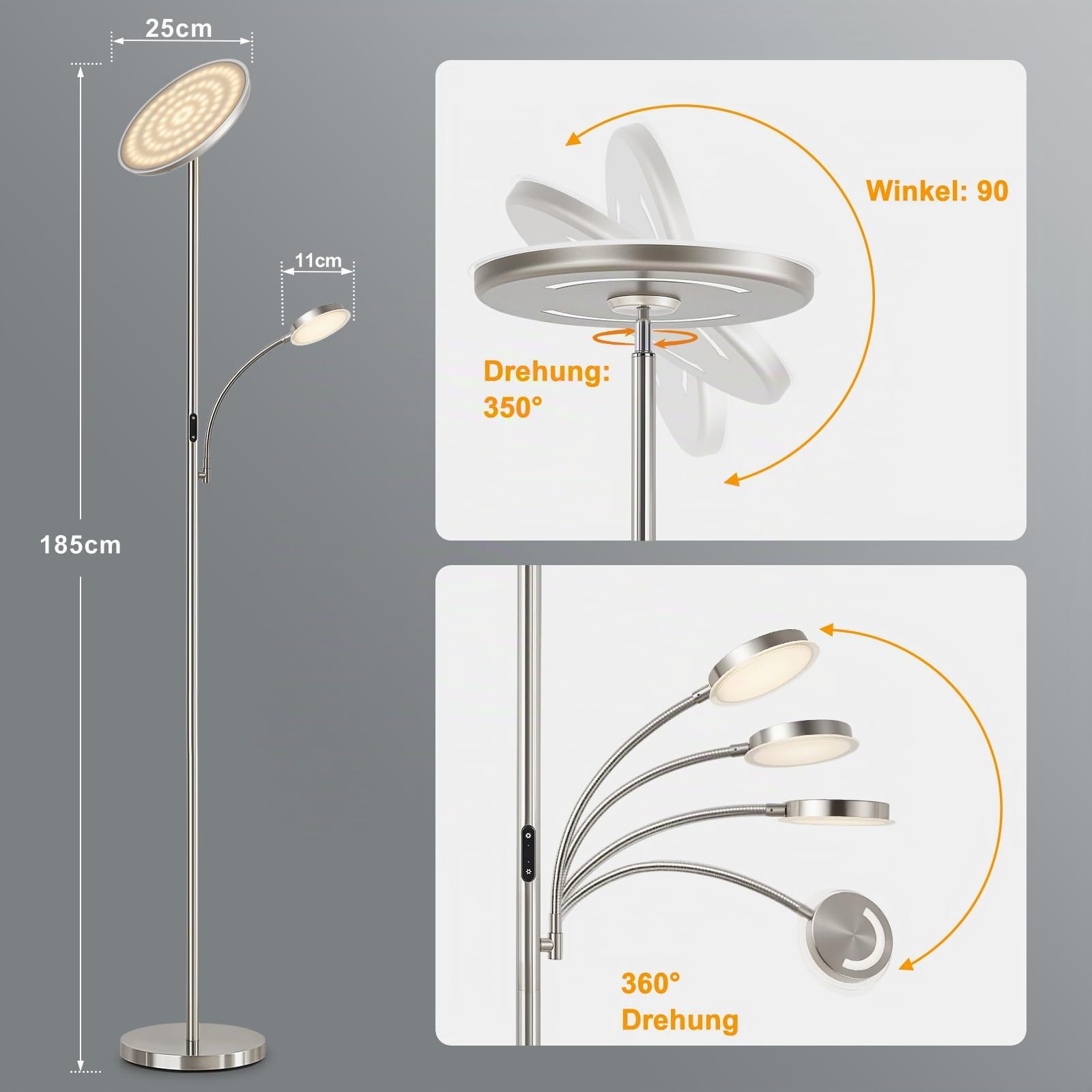 GyroVu Stehlampe Wohnzimmer, 25W Deckenfluter Dimmbar mit 5W Leselampe 3000K-6500K Stufenloses Dimmen, Moderne LED Stehlampen mit Fernbedienung & Touch-Steuerung für Schlafzimmer, Büro, Hotel