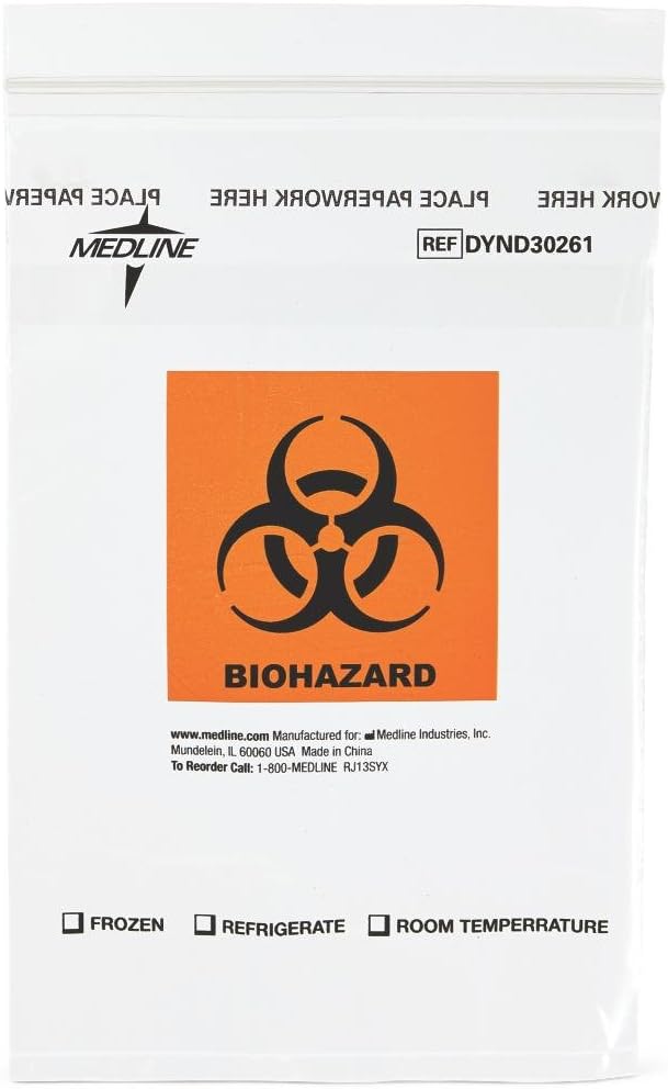 Medline Biohazard Specimen Bags, Plastic Zip-Style, Clear, Not Made From Natural Rubber Latex, 9″ x 6″, Pack of 100