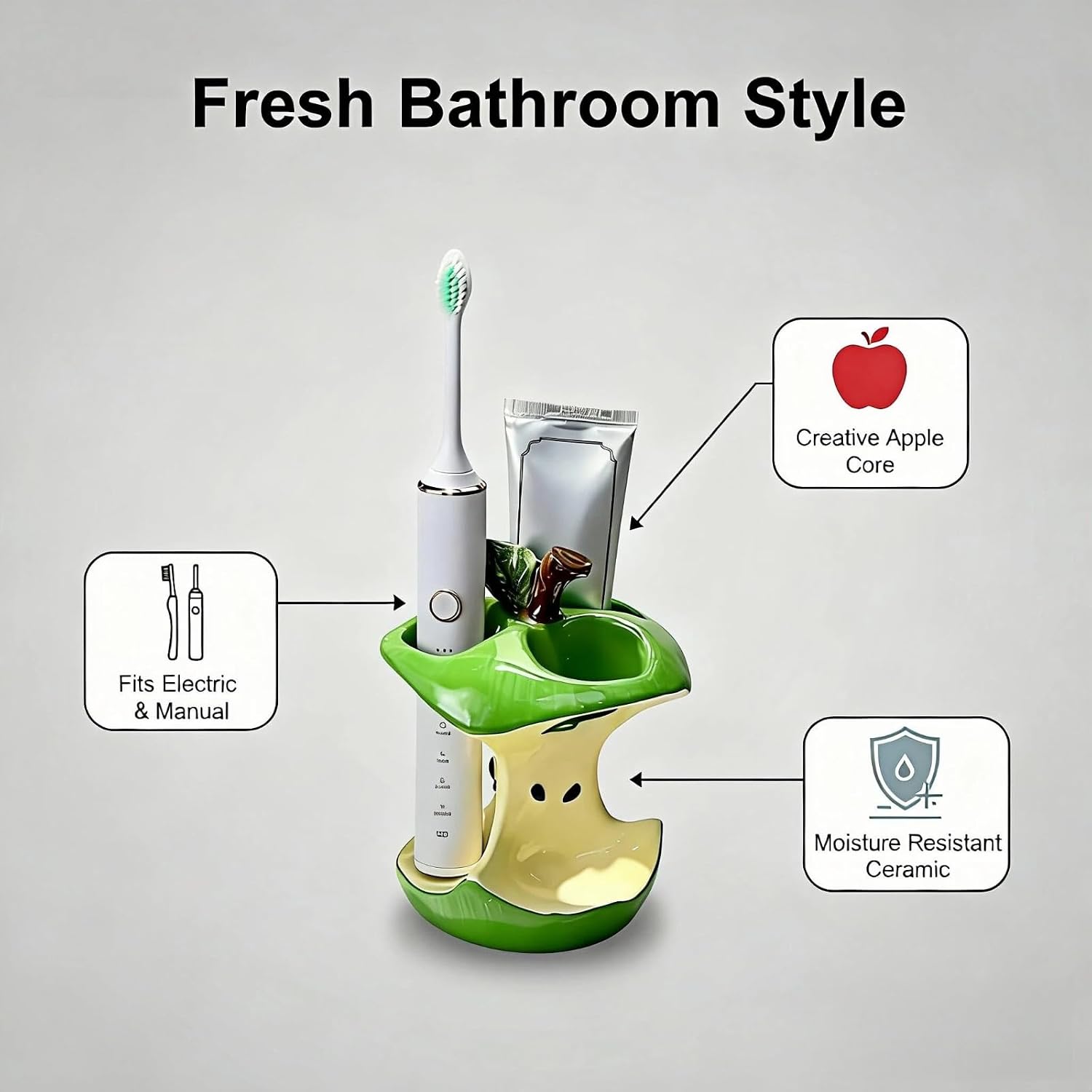 Creative Apple Core Toothbrush Holder, Ceramic Bathroom Organizer with Stand, Unique Bathroom Countertop Accessories, Fresh Home Decor (Green)