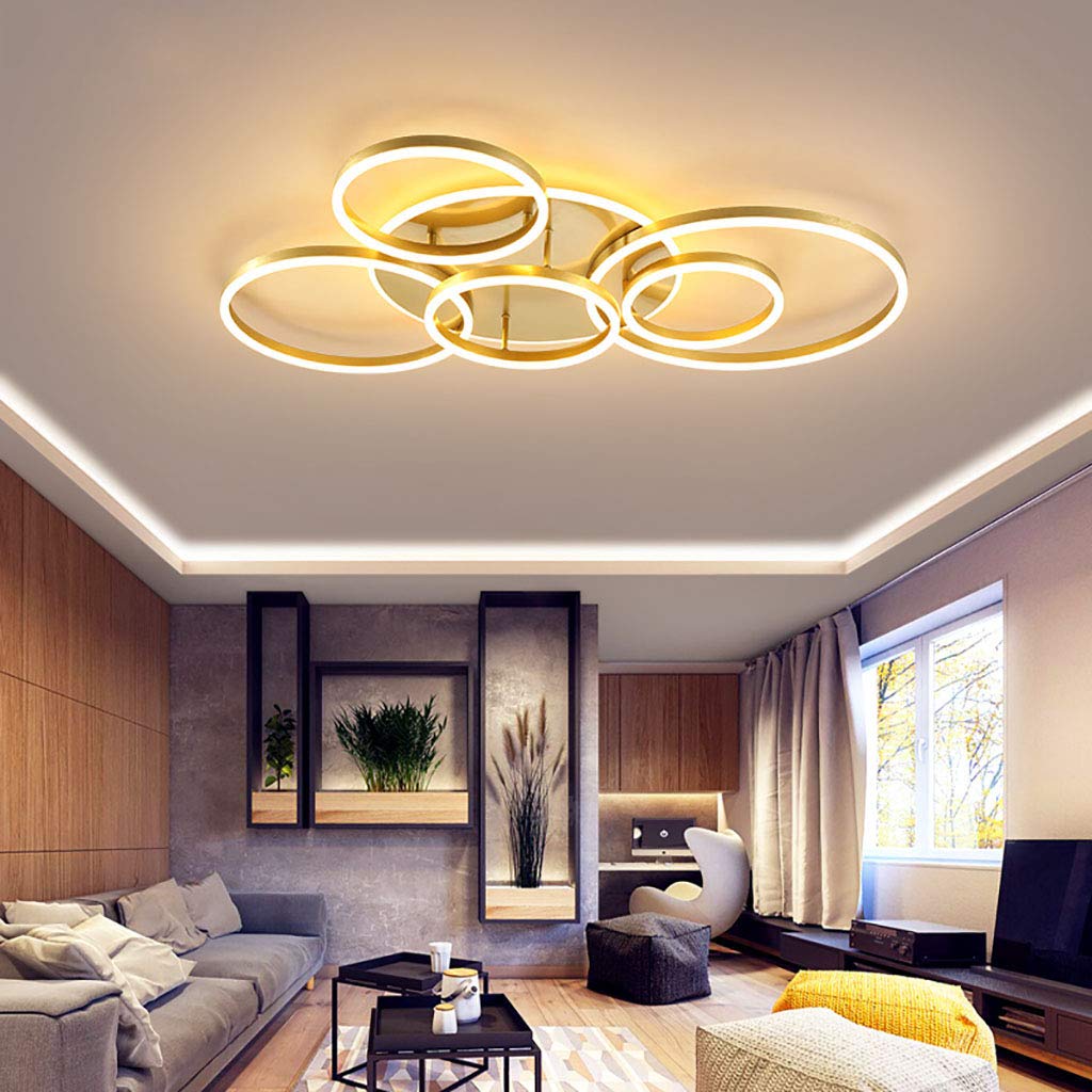 Lampa sufitowa LED, nowoczesna lampa wisząca, kreatywny żyrandol z pilotem zdalnego sterowania, ściemniana, okrągła, 6 kół, 86 W, aluminium, akryl, do sypialni, złota