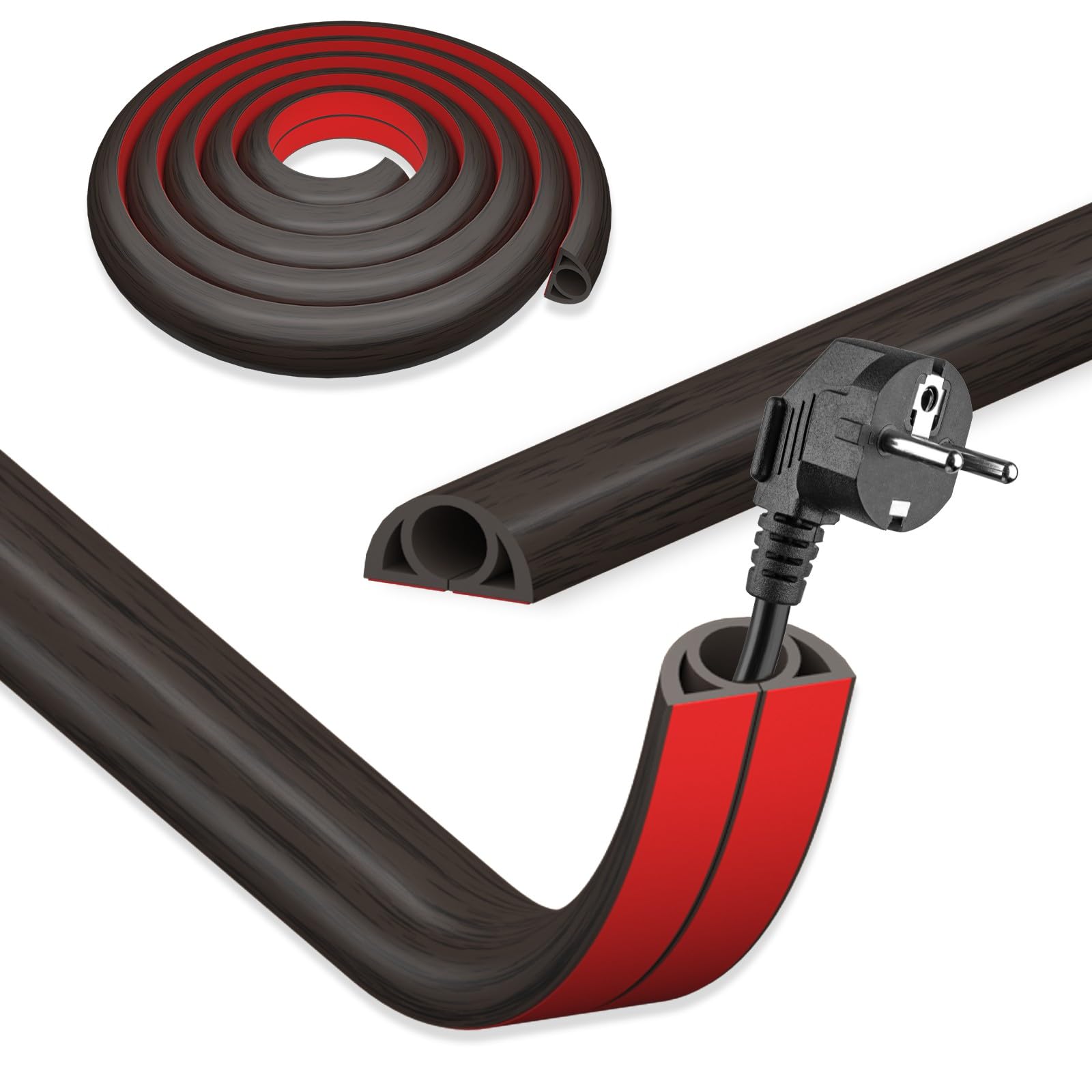DIKARIYA Kabelkanal Schwarz Selbstklebend, 2CMx1M Flexible Kabelkanal Boden Holzoptik Kabelbrücke Flexible Kabelabdeckung Kabelschacht Leicht zu Schneiden Montage für Netzkabel Haus, Büro