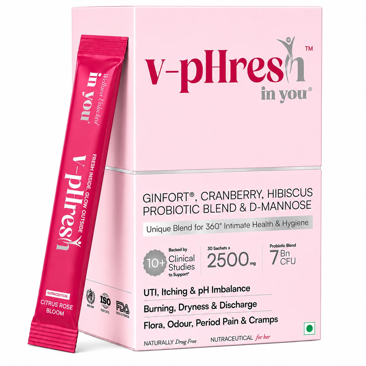V-pHresh™ in you | Women's 360° Intimate Health & Hygiene Supplement| Supports UTI, Itching,Irritation, Period pain, pH Balance,Flora & Dryness | Ginfort® + D-Mannose 1000mg + 7 Billion CFU Probiotic-image-29