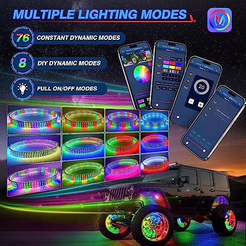 MICTUNING 15inch V1 RGB+IC Chasing Color Wheel Lights Kit with APP Control, Double-Row Dream Color Chasing Flow Neon Wheel Rim Lights with Turn Signal and Braking for Pickup Truck Car SUV — view 3